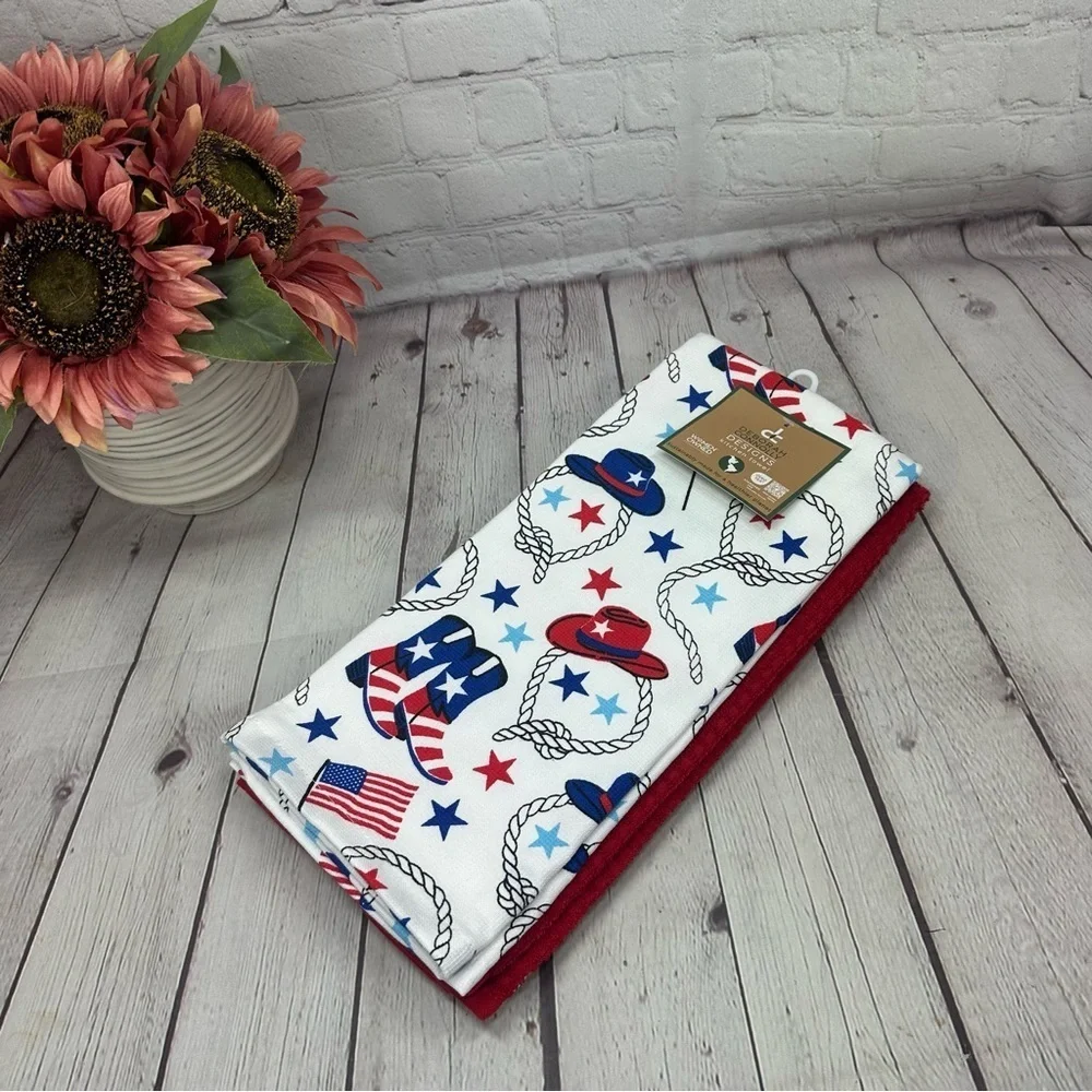 NWT deborah connolly western cowgirl cowboy Patriotic Theme Kitchen Towel Set